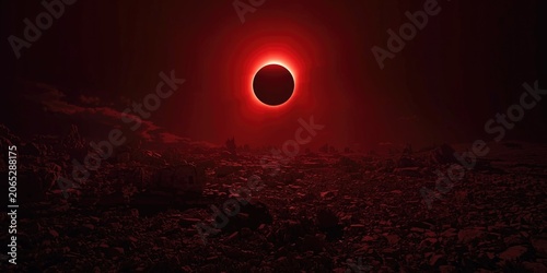Top perspective of terrain bathed in crimson light from complete lunar eclipse