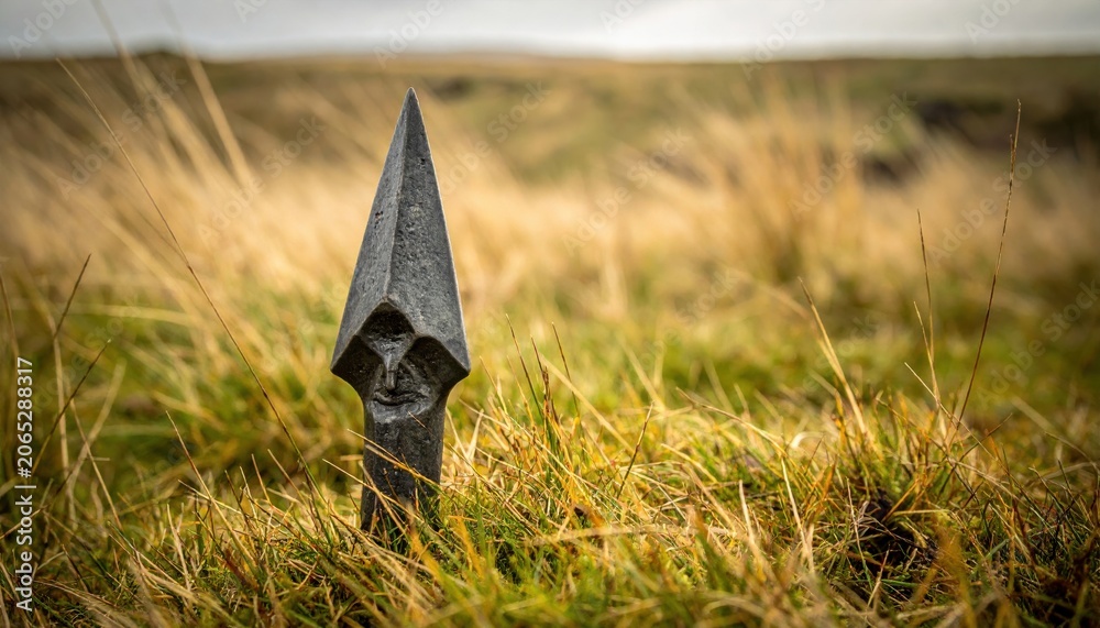Fototapeta premium Ancient Stone Face Sculpture Standing Proudly Amidst Tall Golden Grasses in a Moody Outdoor Landscape