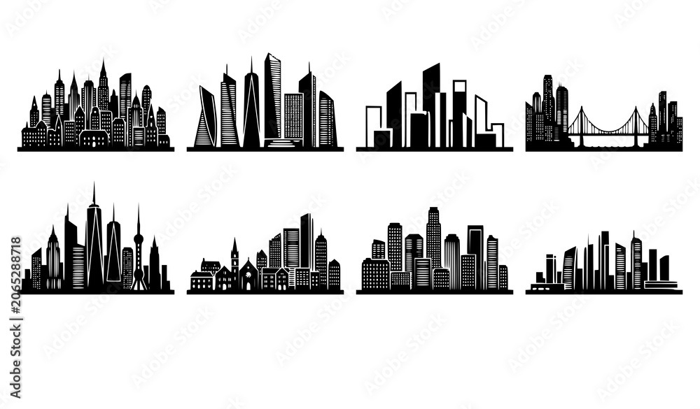 Fototapeta premium City skyline silhouettes collection modern and historic urban landscapes