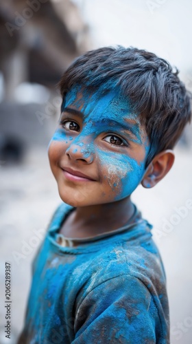 Joyful child smiling radiantly, covered in vibrant blue chalk dust in a lively outdoor setting