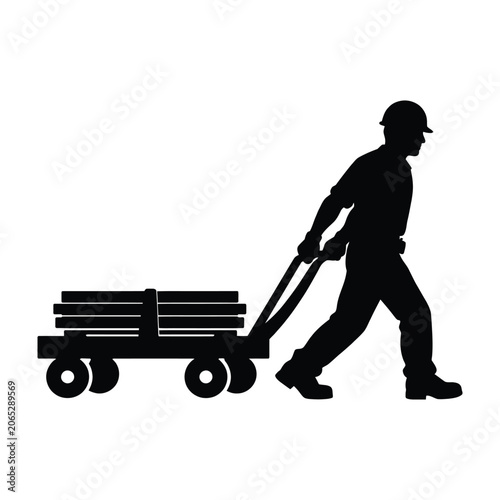 Bild auf Leinwand Construction worker silhouette pulling a cart with lumber during daylight isolat