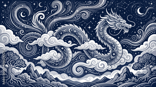 Ornate fantasy illustration of a mythical tiger dragon beast standing on a rocky peak at night