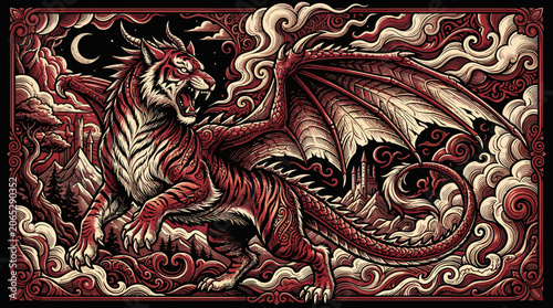 Majestic Winged Tiger Dragon Fantasy Creature Illustration in Intricate Red and Black Woodcut Style