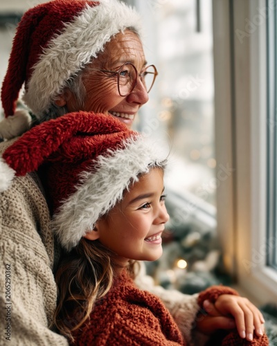 Joyful moments shared between a grandmother and granddaughter celebrating Christmas joyfully indoors
