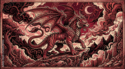 Traditional Japanese Dragon Emerging from Rough Ocean Waves with Mountain Landscape Background