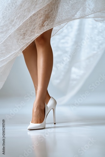 Elegant female dancer showcases stunning high heels amid flowing fabric in a graceful moment of movement