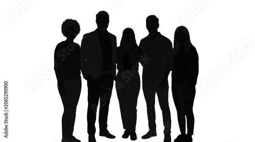 Vászonkép A diverse group of five individuals standing closely together, appearing to discuss or collaborate in a friendly and professional manner