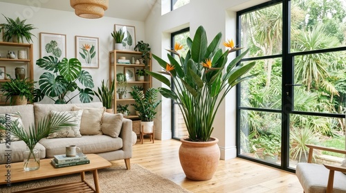 A spacious living room with large windows, a beige sofa, and various potted plants, including a large bird of paradise plant, in a tropical-themed setting.