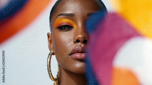 Surreal fashion portrait blending vibrant colors with a dreamlike essence, highlighting beauty and individuality