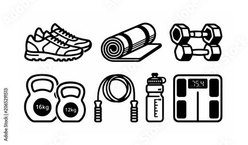 Fitness Equipment Icons Set Black and White Vector