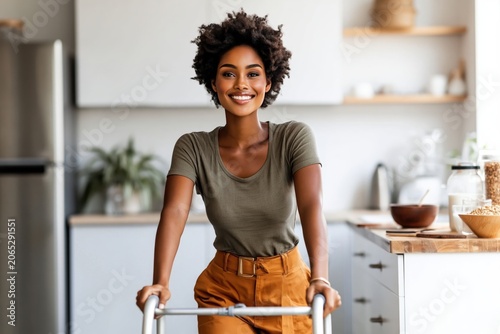 Confident woman with deep skin tone and visible disability enjoys moments in a bright modern kitchen while preparing a meal