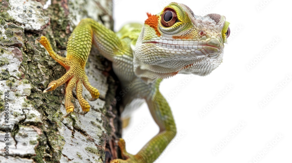 Fototapeta premium Detailed close up of a lizard clinging to tree bark against white background