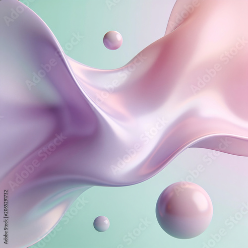 Delicate abstract 3D background with glossy liquid ribbon and spheres. Pink and purple silk wave on mint background