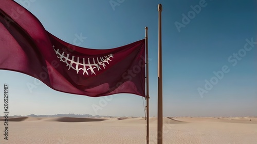 A maroon flag with white embroidery waves in the desert wind