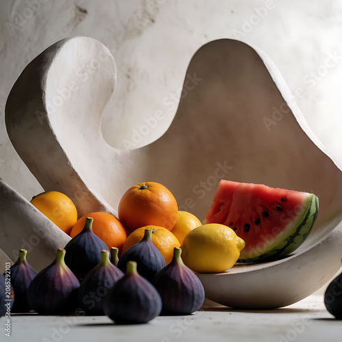 Elegant abstract still life: ripe figs, juicy oranges, lemons and a slice of watermelon in an artistic ceramic bowl