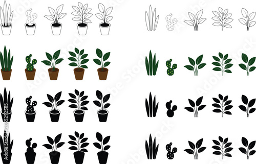 Potted Houseplant and Indoor Plant Icons Collection with Outline, Glyph and Colored Styles Vector Botanical Decoration Set Transparent Background