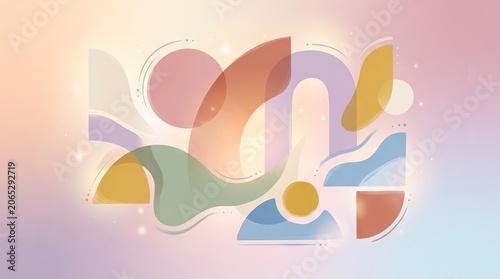 A colorful abstract composition with geometric shapes and pastel colors on a soft, blurred background.