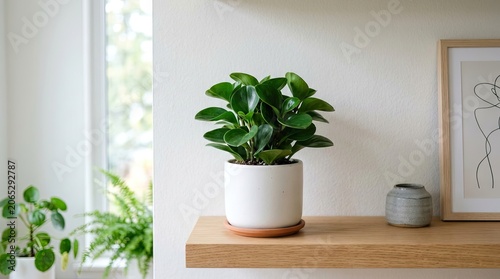 A white ceramic pot with a green plant on a wooden shelf, with a framed picture and a vase in the background.