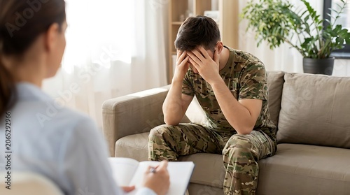 Soldier in camouflage uniform sitting on a couch with his head in his hands, distressed, talking to a therapist or counselor during a therapy session for mental health support.