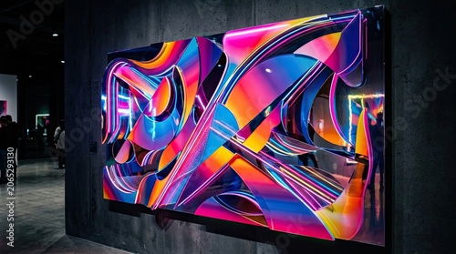 A vibrant, abstract digital artwork with a futuristic, geometric design, featuring a mix of bright, neon colors and dynamic shapes.