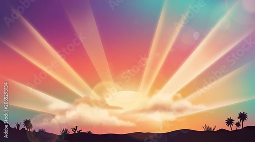 A vibrant sunset with rays of light piercing through the clouds, casting a warm glow over a desert landscape with silhouettes of cacti and palm trees.