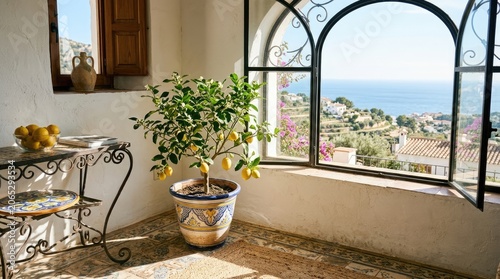 A potted lemon tree with lemons and a vase on a table, overlooking a scenic view of the ocean and mountains.