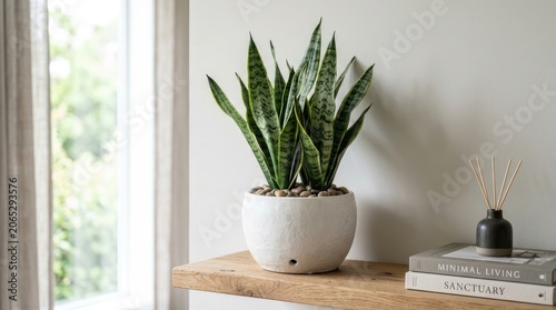 A white planter with a green snake plant on a wooden shelf with a window in the background.