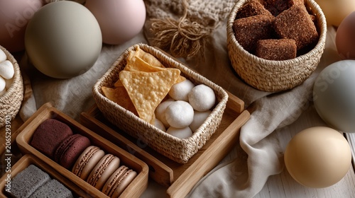 Assorted snacks arranged on a neutral table with decorative pastel eggs in a cozy setting