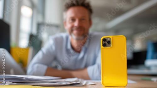 Man enjoying a moment of focus and creativity at his modern office desk surrounded by papers and technology