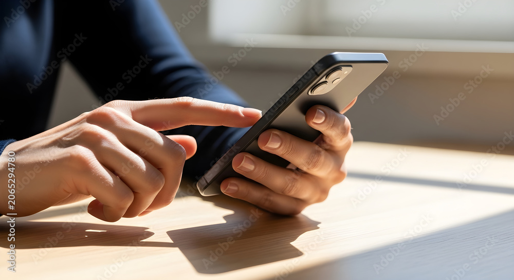 Fototapeta premium Close up of a person using a mobile device for digital communication and browsing while sitting at a bright wooden desk in a modern office