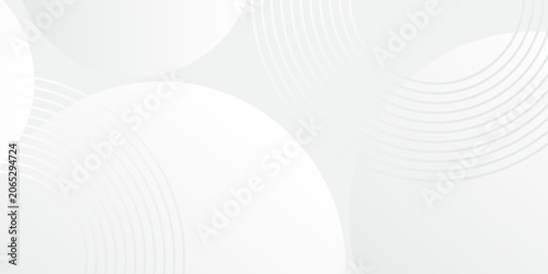 Abstract white and gray geometric background with elegant overlapping circles and concentric ring lines, modern minimalist luxury vector banner for corporate business presentation