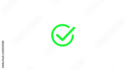 Green Check Mark Icon Animation with Circular Outline Pop up Motion Loop on Plain Isolated White Background for Success and Approval Overlay.