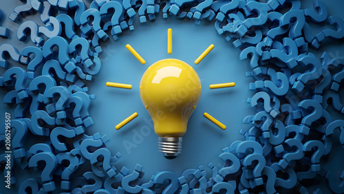 A bright yellow light bulb surrounded by many blue question marks