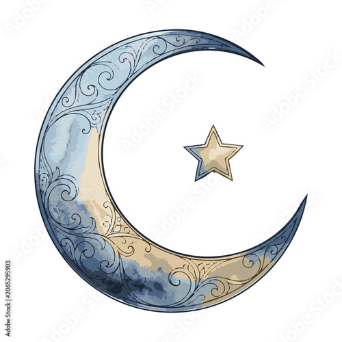 Crescent moon and star with intricate decorative floral patterns in blue and gold watercolor style isolated design