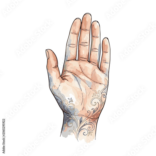 Open human hand with artistic swirl ornaments in watercolor style on a clean isolated white background