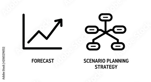 Line graph showing upward trend and organizational chart icon for forecast and scenario planning strategy with forecast planning strategy scenario organization structure business