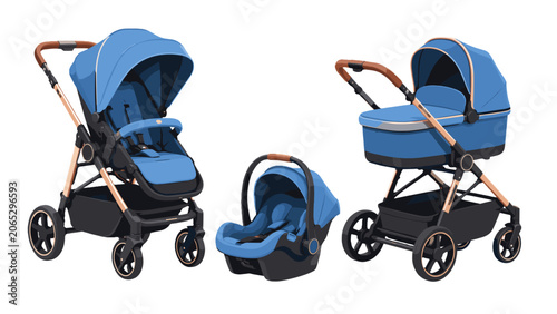 Bild auf Leinwand Blue baby stroller set with bassinet and infant car seat