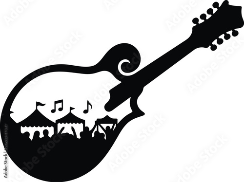 Mandolin silhouette vector illustration with music festival double exposure scene.