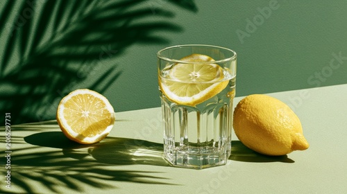 Minimal Lemon Infused Water Glass, Green Monochrome Wellness Background 