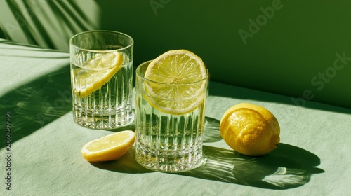 Fresh Lemon Water Glass with Green Background, Clean Healthy Summer Drink 