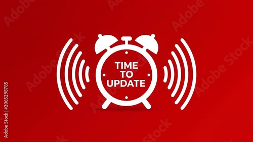 Time to update message on ringing alarm clock icon, white software upgrade notification on red background, urgent system maintenance alert