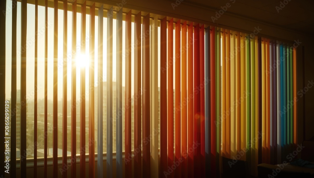 Fototapeta premium Sunlight filtering through colorful vertical blinds in office setting