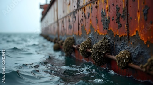 A rusty ship floats on the ocean with barnacles on its hull
