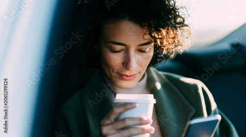 A wide shot of a young woman sipping softly coffee while glancing at a glowing phone in the calm back seat of a bright taxi taxi coffee open face bright vehicle daylight