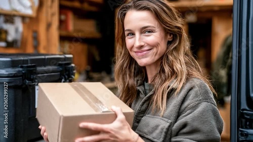 Woman delivering package: A smiling woman with long, wavy brown hair, wearing a casual jacket, holds a cardboard delivery box. The background suggests an outdoor setting with a vehicle.