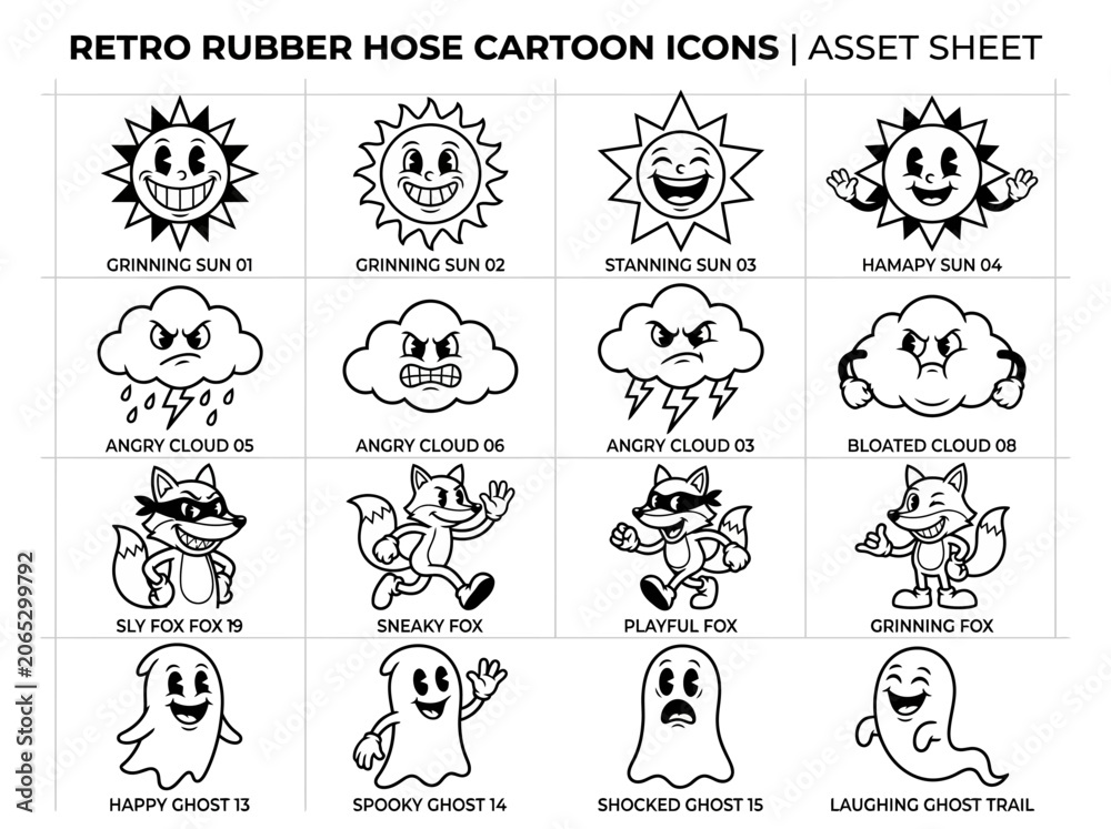 Obraz premium Retro Rubber Hose Style Cartoon Asset Sheet with Vintage Sun, Cloud, Fox, and Ghost Icons