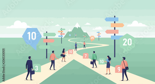 Diverse individuals navigate a winding path towards a distant mountain, making choices at various intersections marked by directional signs and numerical indicators, symbolizing career or life