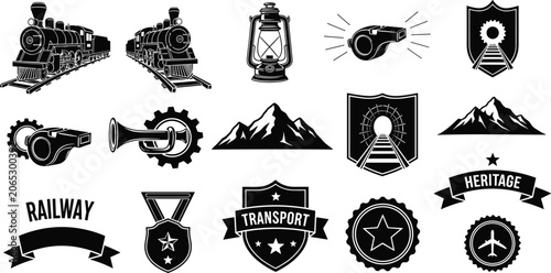 Foto Railway Transport Vector Set with Steam Locomotive Lantern Whistle Mountains and