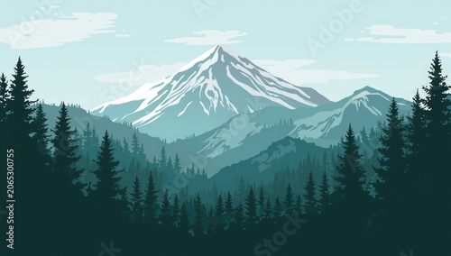 Snow-capped mountain peak above a forested landscape