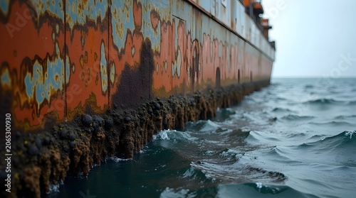 A rusty ship hull floats in the ocean with choppy waters